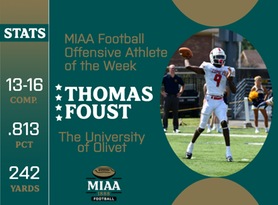 Thomas Foust, Olivet, MIAA Football Offensive Athlete of the Week 10/10/23