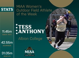 Tess Anthony, Albion, MIAA Women's Outdoor Field Athlete of the Week 4/1/24