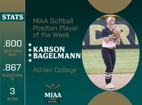 Karson Bagelmann, Adrian, MIAA Softball Position Player of the Week 4/1/24