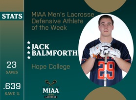 Jack Balmforth, Hope, MIAA Men's Lacrosse Defensive Athlete of the Week 4/15/24