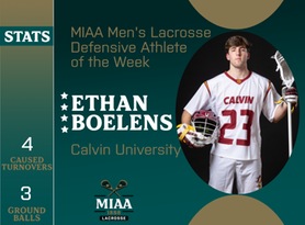Ethan Boelens, Calvin, MIAA Men's Lacrosse Defensive Athlete of the Week 4/1/24