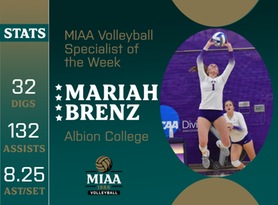 Mariah Brenz, Albion, MIAA Volleyball Specialist of the Week 9/11/23