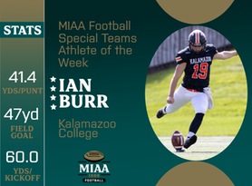 Ian Burr, Kalamazoo, MIAA Football Special Teams Athlete of the Week 10/23/23
