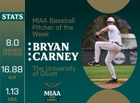 Bryan Carney, Olivet, MIAA Baseball Pitcher of the Week 3/18/24