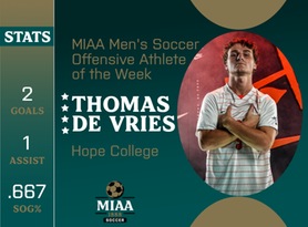Thomas De Vries, Hope, MIAA Men's Soccer Offensive Athlete of the Week 9/18/23