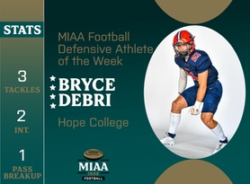Bryce Debri, Hope, MIAA Football Defensive Athlete of the Week 10/23/23