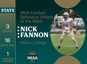 Nick Fannon, Albion, MIAA Football Defensive Athlete of the Week 9/25/23