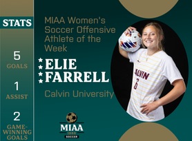 Elie Farrell, Calvin, MIAA Women's Soccer Offensive Athlete of the Week 10/2/23
