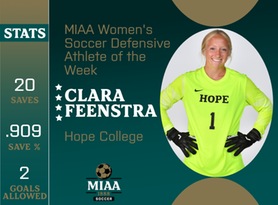 Clara Feenstra, Hope, MIAA Women's Soccer Defensive Athlete of the Week 9/25/23