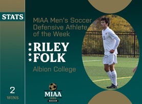 Riley Folk, Albion, MIAA Men's Soccer Defensive Athlete of the Week 10/30/23