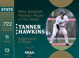 Tanner Hawkins, Kalamazoo, MIAA Baseball Position Player of the Week 4/1/24