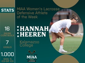 Hannah Heeren, Kalamazoo, MIAA Women's Lacrosse Defensive Athlete of the Week 4/8/24