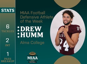 Drew Humm, Alma, MIAA Football Defensive Athlete of the Week 10/2/23