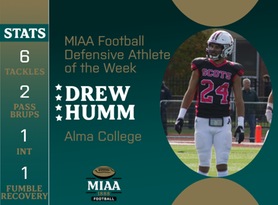 Drew Humm, Alma, MIAA Football Defensive Athlete of the Week 11/6/23