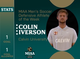 Colin Iverson, Calvin, MIAA Men's Soccer Defensive Athlete of the Week 10/2/23