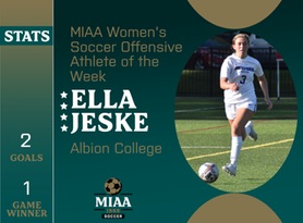 Ella Jeske, Albion, MIAA Women's Soccer Offensive Athlete of the Week 10/30/23