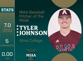 Tyler Johnson, Alma, MIAA Baseball Pitcher of the Week 4/15/24