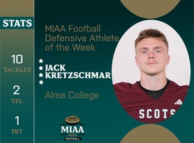 Jack Kretzschmar, Alma, MIAA Football Defensive Athlete of the Week 11/13/23