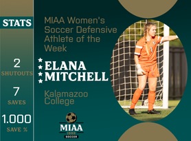 Elana Mitchell, Kalamazoo, MIAA Women's Soccer Defensive Athlete of the Week 10/16/23
