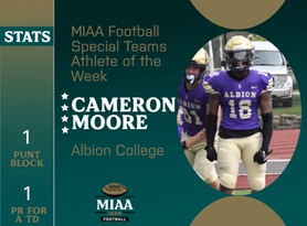 Cameron Moore, Albion, MIAA Football Special Teams Athlete of the Week 10/23/23