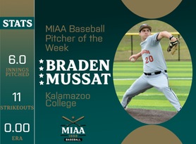 Braden Mussat, Kalamazoo, MIAA Baseball Pitcher of the Week 3/25/24