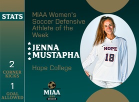 Jenna Mustapha, Hope, MIAA Women's Soccer Defensive Athlete of the Week 10/2/23