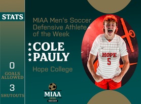 Cole Pauly, Hope, MIAA Men's Soccer Defensive Athlete of the Week 9/18/23
