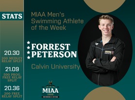 Forrest Peterson, Calvin, MIAA Men's Swimming Athlete of the Week 10/23/23