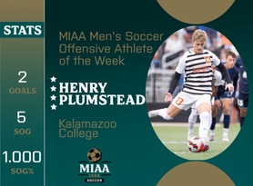 Henry Plumstead, Kalamazoo, MIAA Men's Soccer Offensive Athlete of the Week 10/16/23