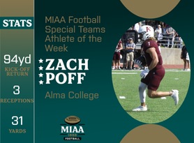 Zach Poff, Alma, MIAA Football Special Teams Athlete of the Week 10/16/23