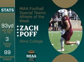 Zach Poff, Alma, MIAA Football Special Teams Athlete of the Week 11/6/23
