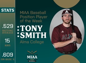 Tony Smith, Alma, MIAA Baseball Position Player of the Week 4/15/24