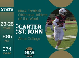 Carter St. John, Alma, MIAA Football Offensive Athlete of the Week 10/23/23