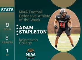Adam Stapleton, Kalamazoo, MIAA Football Defensive Athlete of the Week 10/16/23