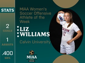 Liz Williams, Calvin, MIAA Women's Soccer Offensive Athlete of the Week 9/5/23