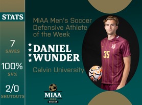 Daniel Wunder, Calvin, MIAA Men's Soccer Defensive Athlete of the Week 10/23/23