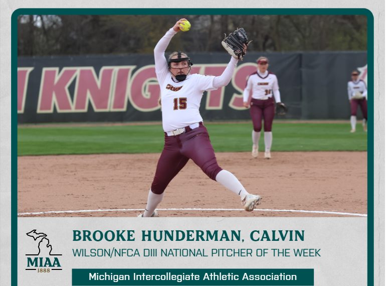 Calvin's Brooke Hunderman Named National Pitcher of the Week for Second Week in a Row